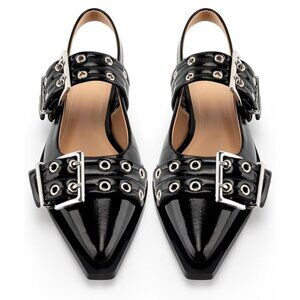 Edgy Moto Biker Silver Hardware Double Strap Women's Black Loafer Flats Size 8